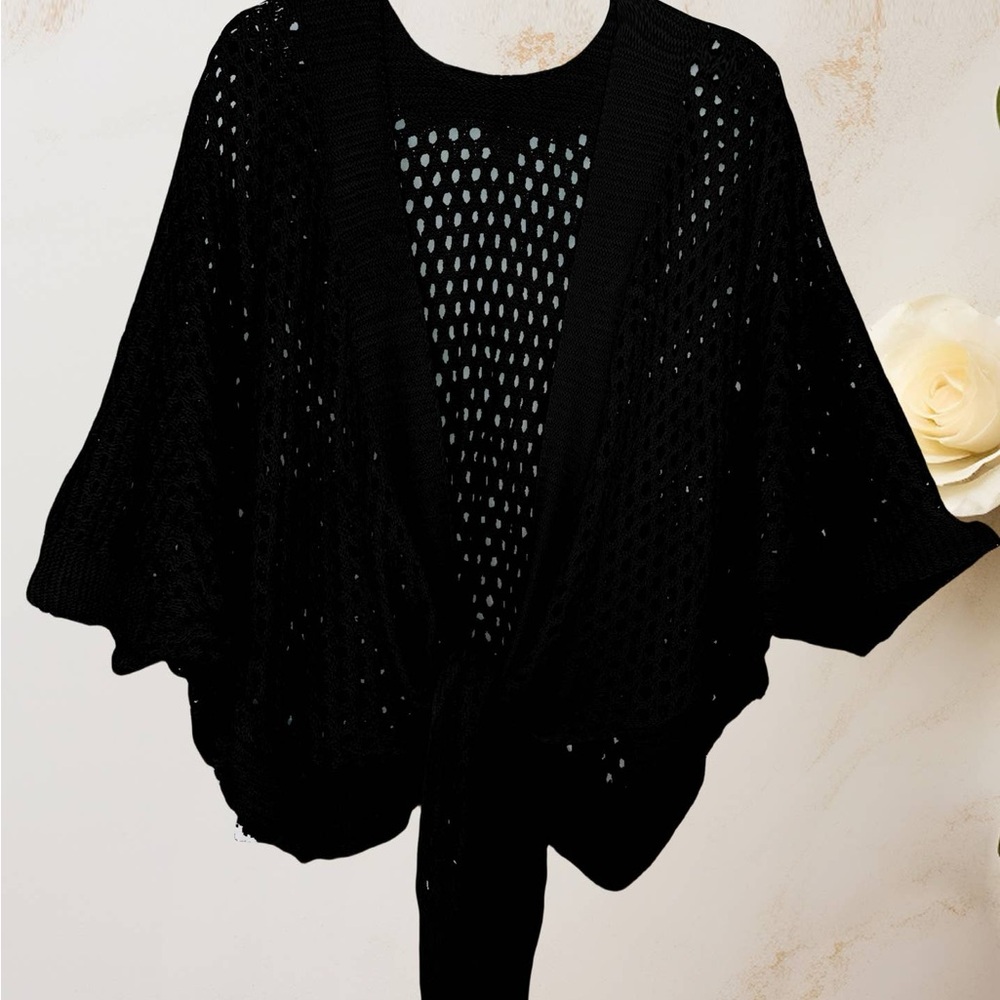 Black Open Knit Poncho with Batwing Sleeves